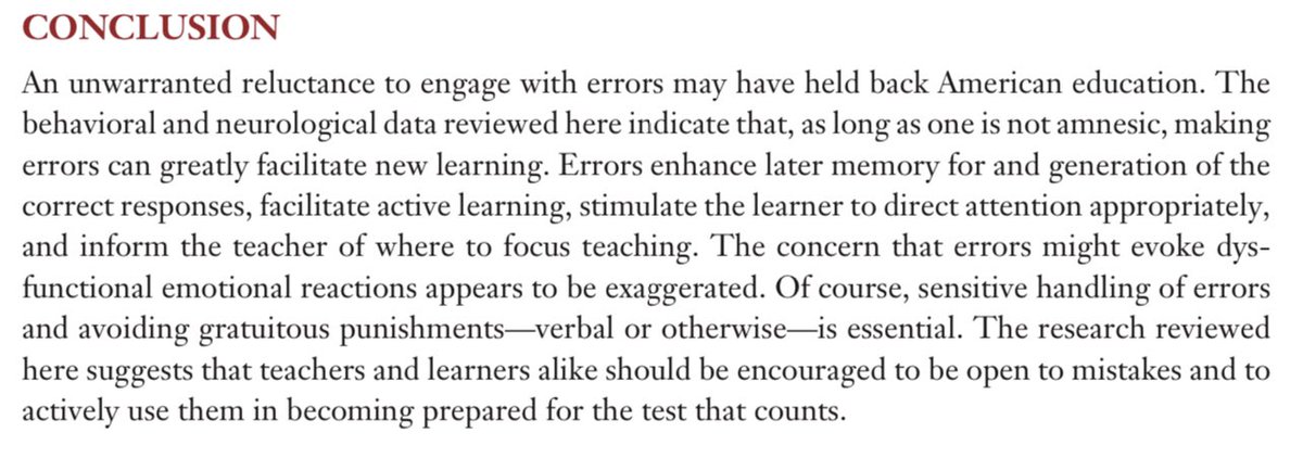 emollick's tweet photo. “If the goal is optimal performance in high-stakes situations, it may be worthwhile to allow and even encourage students to commit and correct errors while they are in low-stakes learning situations rather than to assiduously avoid errors at all costs.” https://t.co/Ys9ogpJQiU