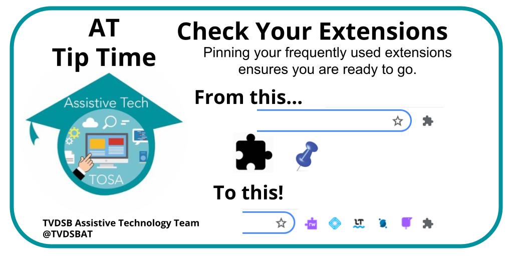 Avoid "out of sight, out of mind" by having important extensions pinned.  Great tip for our students, and for educators too! #GoodForAllTech