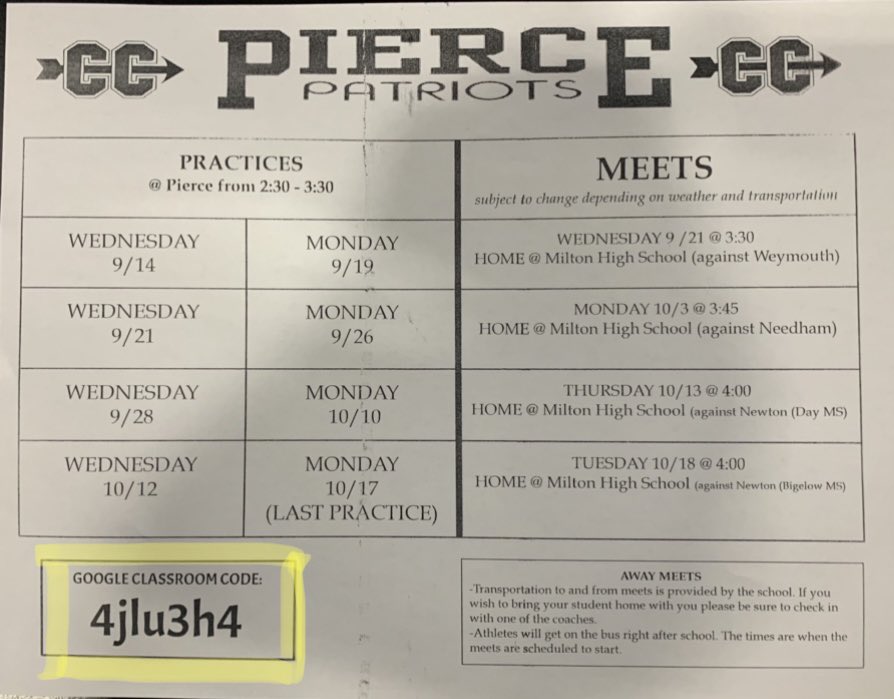 XcPierce's tweet photo. Practice and Meet schedule (Subject to change due to weather, opponents, bus issues, etc.). We appreciate your patience and understanding. 🏃🏾‍♂️🏃🏃🏼‍♀️ https://t.co/vF3mGzAIil