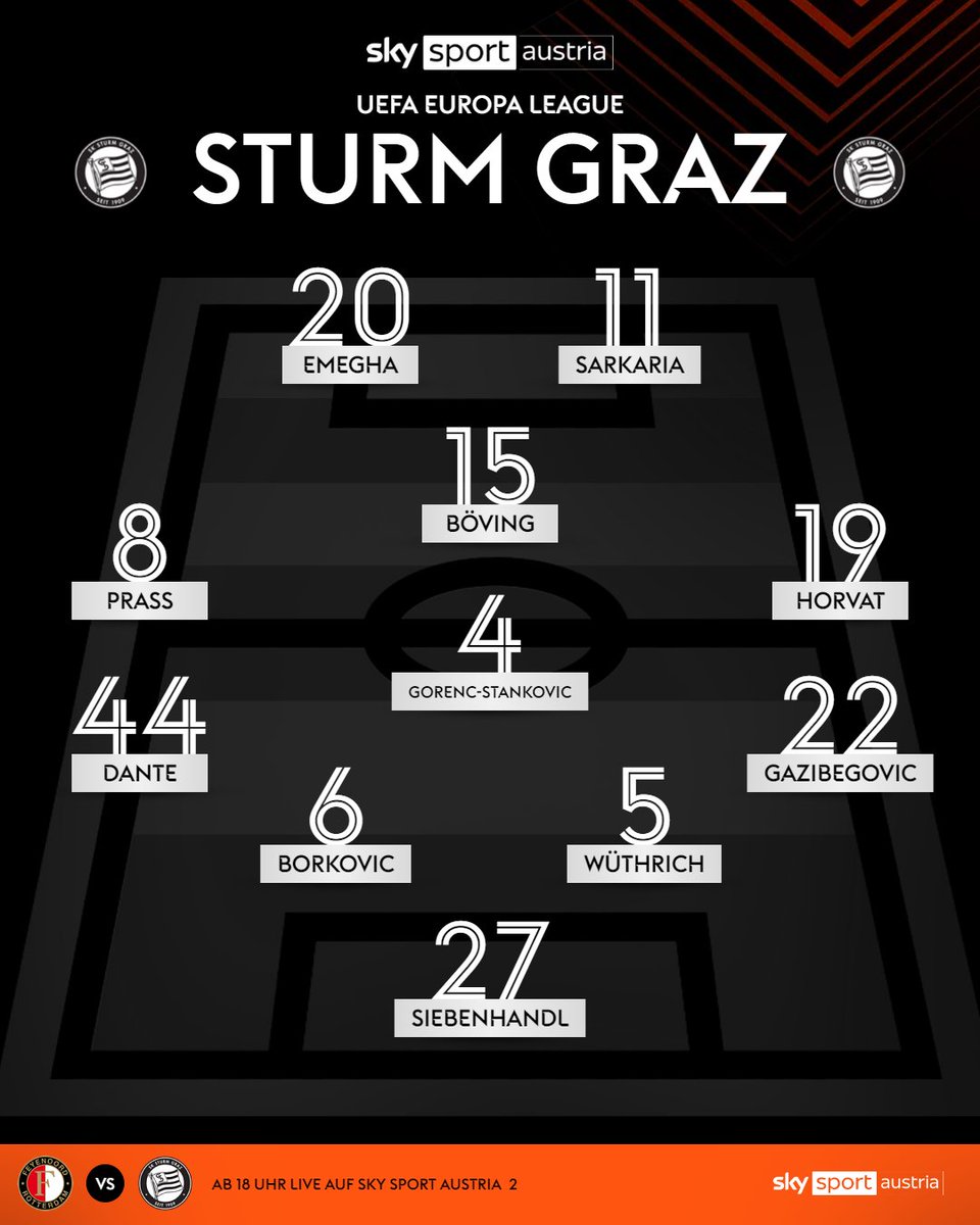 Die Aufstellungen sind da! So laufen <a href="/Feyenoord/">Feyenoord Rotterdam</a> und <a href="/SKSturm/">SK Sturm Graz</a> heute auf! 🔥⚽

📺 Das zweite Gruppenspiel des SK Sturm seht ihr ab 18 Uhr live auf Sky Sport Austria 2!

#FEYSTU #UEL #SkyEL #EuropaLeague