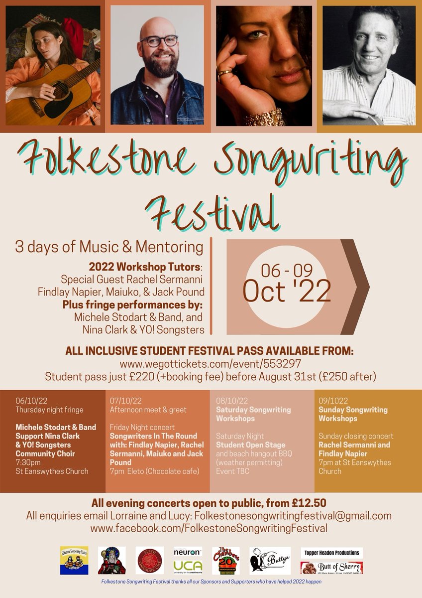 FstoneSongWFest's tweet photo. #FolkestoneSongwritingFestival IS BACK!!
#LiveMusic #Songwriting #inspiration #connection
2 days of workshops, with @FindlayNapier @RachelSermanni  #Maiuko &amp; #JackPound! 
Plus performances from @MicheleStodart @ninaclarkmusic
TICKETS 👉https://t.co/A3nM6AMpkL https://t.co/HvSTFld3Uo