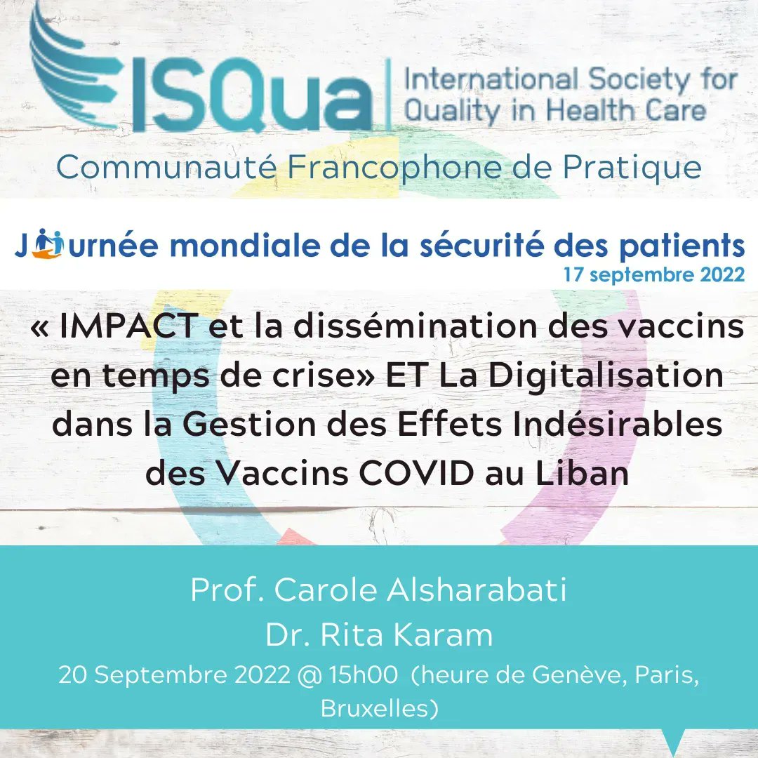 #WPSD2022 - Il est encore temps de s'inscrire au webinaire francophone de la Journée mondiale de la sécurité des patients 2022 #WPSD2022. Rejoignez-nous le 20 septembre pour entendre d'un point de vue libanais : bit.ly/3AWs52H 
<a href="/DenisHerbaux/">Denis Herbaux</a> <a href="/PAQSASBL/">PAQS</a>