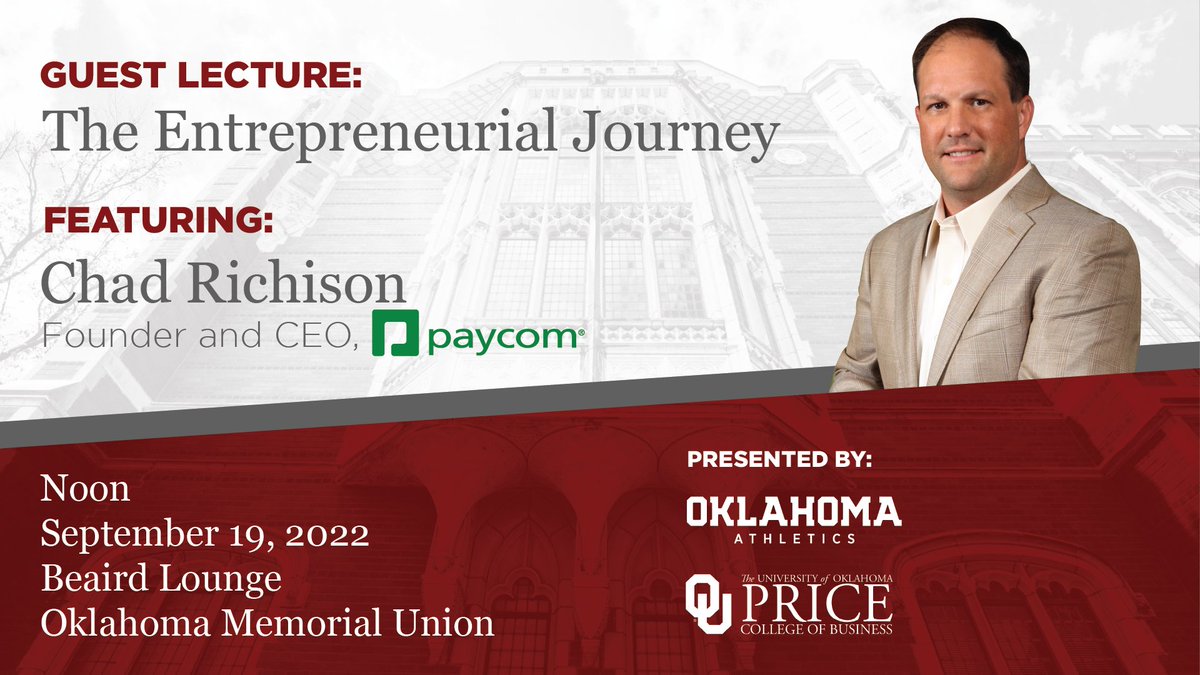 🗣 @Paycom founder and CEO Chad Richison will deliver a guest lecture at Beaird Lounge at noon Sept. 19. Lunch will be provided. RSVP for this event: bit.ly/3eToLOl