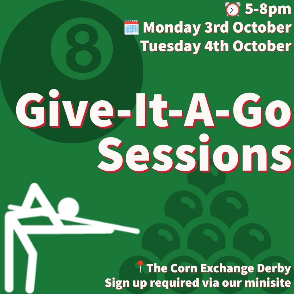 UoDPoolSnooker's tweet photo. Give-It-A-Go’s Announcement! 
Sign up link in our bio!
@DerbyUni @DerbyUnion https://t.co/pfrljoDHUc