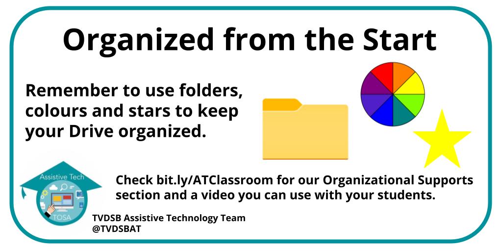 Organization is important for everyone! Showing students how to create and name folders and use colour are effective first steps.  Check our website, bit.ly/atclassrooms for this and other organizational tip videos. #GoodForAllTech