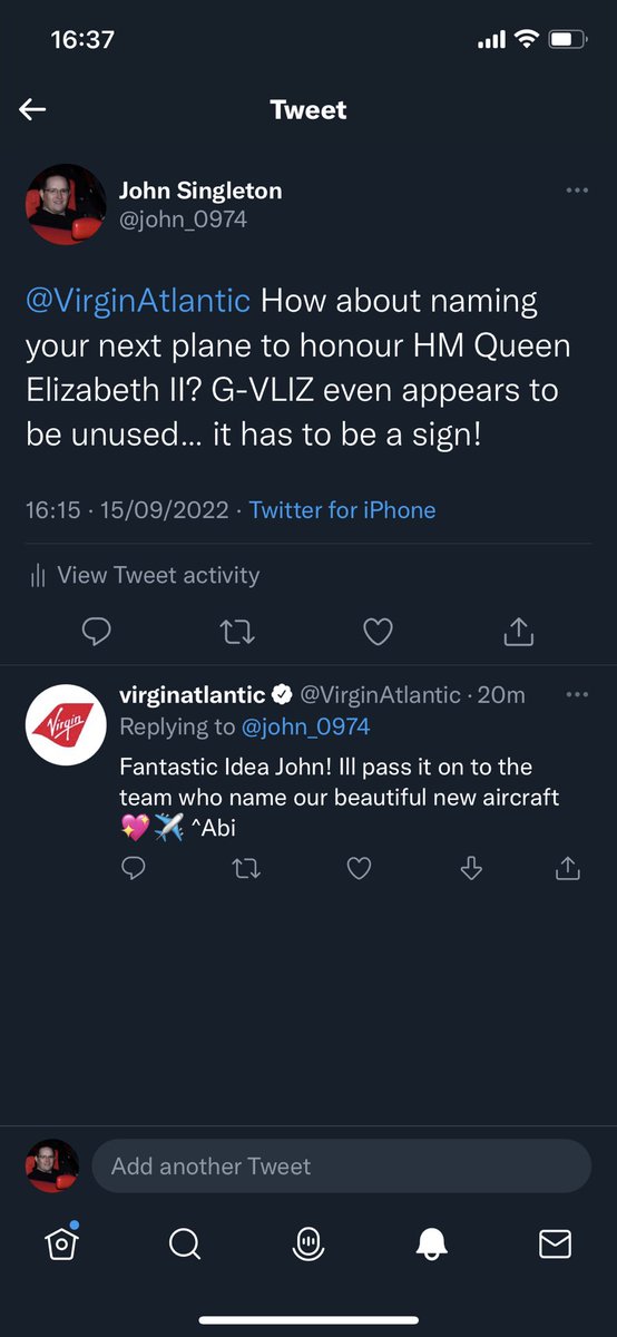 john_0974's tweet photo. Out of practice with Twitter… I sent a DM rather than a tweet with my bright idea for naming a new plane. Impressed with the speedy reply from @VirginAtlantic though! https://t.co/RQqYGDAsel