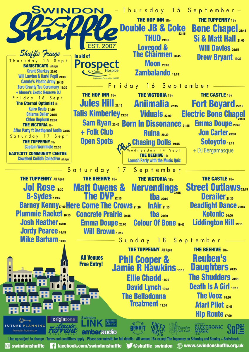 It's finally here, Swindon Shuffle 2022 starts our long weekend of live music tonight! Here's a poster detailing who's playing where and when...