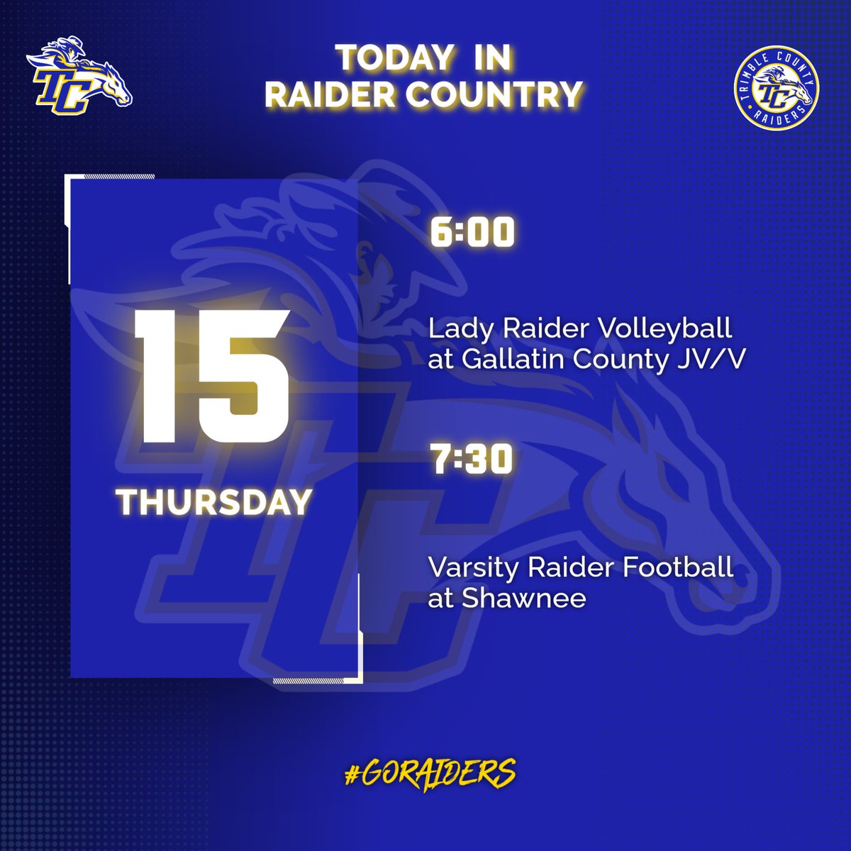 Today's events! It's a Thursday edition of Football Friday! Raiders are on the road at Shawnee and Lady Raider Volleyball is on the road at Gallatin County, JV/V! #GoRaiders