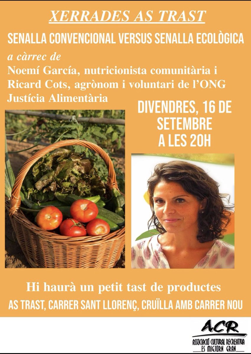 Demà a les 20h darrera xerrada #astrast 
Na <a href="/NoemiGarciGar/">Noemí García</a> i en Ricard Cots tancaran el cicle d’enguany. 

#sobiraniaalimentària #senalles #AcrMigjorn 
#tastastrast 

Us hi esperam!