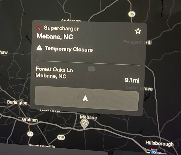 Mebane, NC supercharger is offline while renovation work is being done on Sheetz. Length of time it will be offline is not known but could be 5 months.