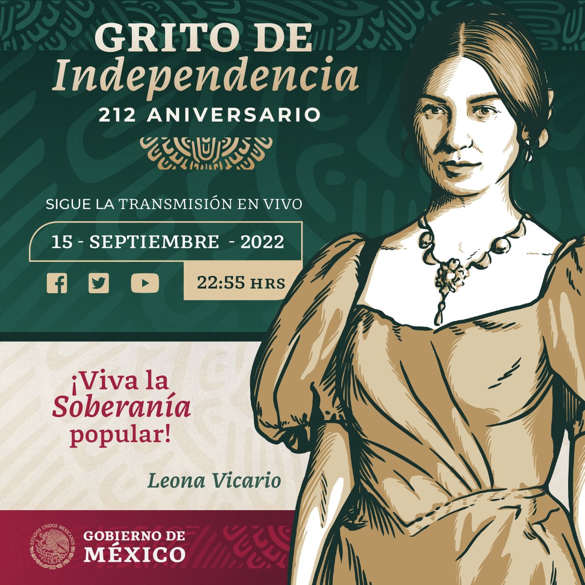 GobiernoMX's tweet photo. A partir de las 22:55 horas, disfruta la transmisión en vivo del 212 Aniversario del #GritoDeIndependencia, a través de nuestras plataformas digitales.

#VivaMéxico 🇲🇽
#GobiernoDelPueblo https://t.co/orowvWPldu