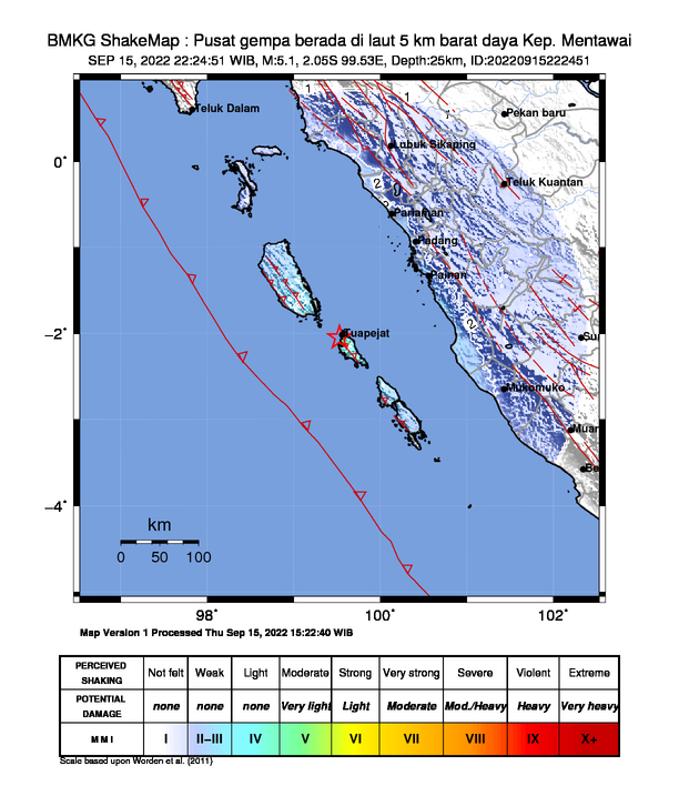 infoBMKG's tweet photo. #Gempa Mag:5.1, 15-Sep-22 22:24:51 WIB, Lok:2.05 LS, 99.53 BT (Pusat gempa berada di laut 5 km barat daya Kep. Mentawai), Kedlmn:25 Km Dirasakan (MMI) III-IV Sipora, II - III Padang #BMKG https://t.co/QB658qrpRo