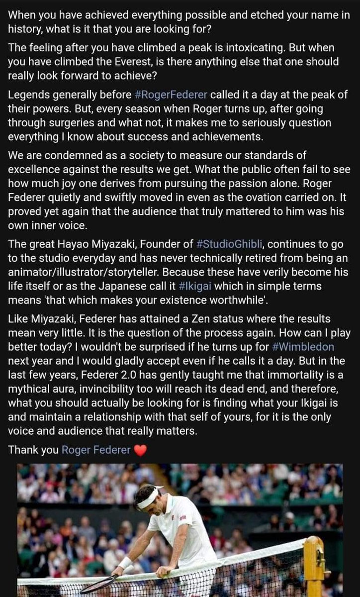 nitinrajmenon's tweet photo. A graceful and eloquent tribute to @rogerfederer by @MDRites. #Roger, thank you for being you. :) #GOAT𓃵 https://t.co/TRe357Ntz5