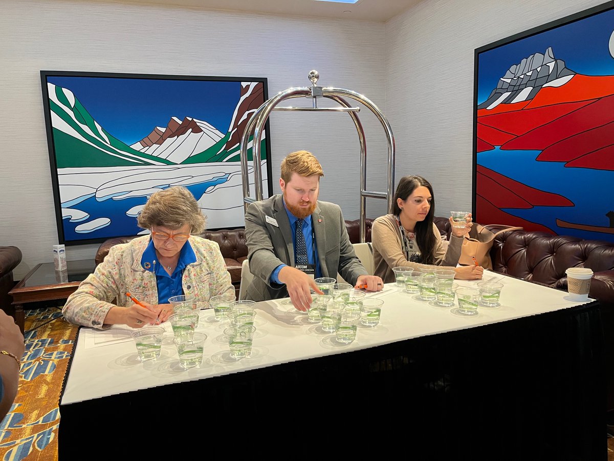 ISLengineering's tweet photo. ISL's Sarah Barbosa (right) judging the water taste test at #WCW22. @LethbridgeCity won the bragging rights with @JasperMuni a close second. 😍@CartersArt in the background. https://t.co/K6dQb57afK