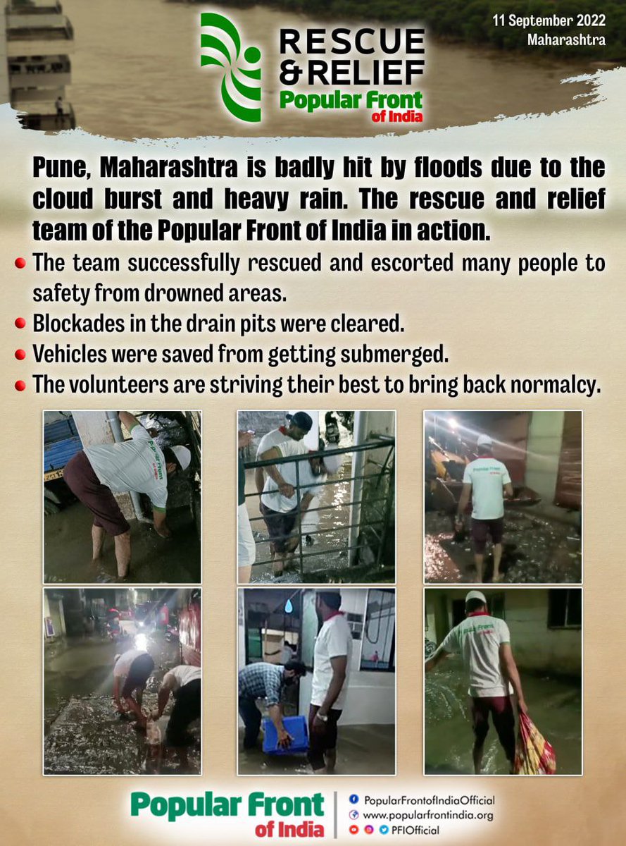 PFIOfficial's tweet photo. Rescue &amp; Relief by Popular Front of India. 
#PopularFrontofIndia #RescueAndRelief  #Floods2022 #Pune @PFI_Maharashtra https://t.co/fNrsOij1dX