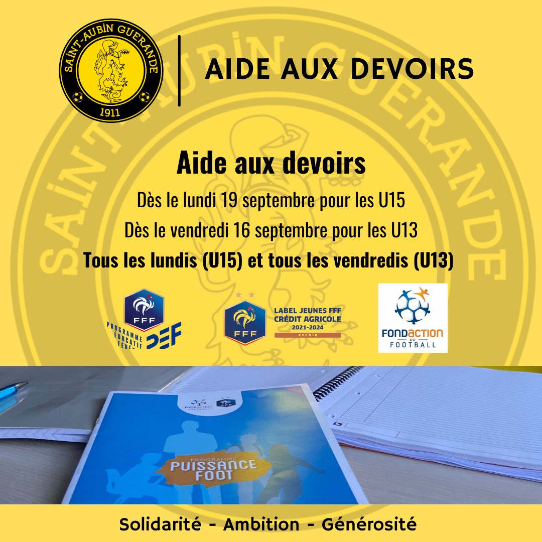 SAGofficiel's tweet photo. 𝗔𝗶𝗱𝗲 𝗮𝘂𝘅 𝗱𝗲𝘃𝗼𝗶𝗿𝘀

🌑 𝗔𝗶𝗱𝗲 𝗮𝘂𝘅 𝗱𝗲𝘃𝗼𝗶𝗿𝘀 recommence dès demain pour les U13 !

🌓 Ouvert aux licenciés tous les lundis (U15) et vendredis (U13) !

#ProgrammeEducatifFederal 

#SaintAubinGuerande 🌓 #SolidaritéAmbitionGénérosité https://t.co/FmbUIx513E