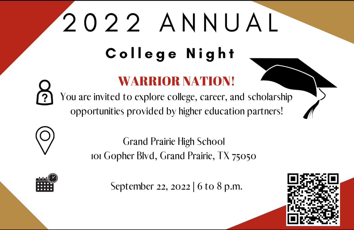 GPISD will host College Night next Thur evening, Sept 22 at GPHS. There will be over 100+ college, universities, and military representatives there. Be sure to use the QR code below to register or stop by the SGP College/Career Center anytime this week to register. Don't miss out