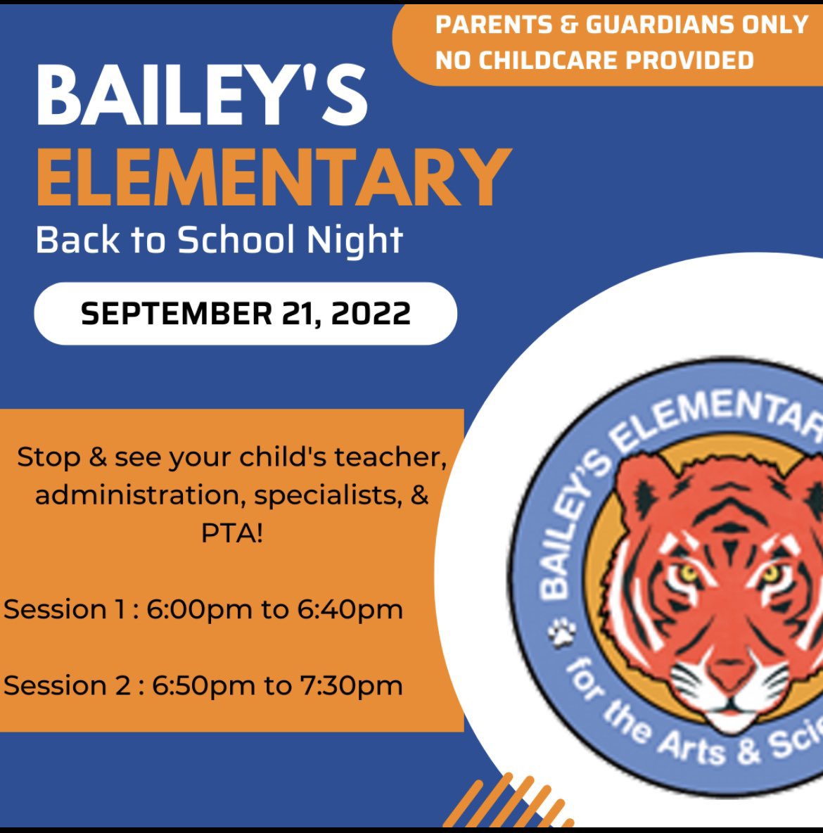 Bailey’s Elementary Schools PTA (@baileys_pta) on Twitter photo Mark your calendars for Sept. 21st from 6-7:30pm for BACK TO SCHOOL NIGHT. Visit your child's classroom, get to know their teachers, & learn about routines, curriculum, & more. The event is for parents/guardians and there will be no childcare so plan accordingly. <a href="/BaileysES_FCPS/">Bailey's Elementary School for the Arts & Sciences</a> Mark your calendars for Sept. 21st from 6-7:30pm for BACK TO SCHOOL NIGHT. Visit your child's classroom, get to know their teachers, & learn about routines, curriculum, & more. The event is for parents/guardians and there will be no childcare so plan accordingly. <a href="/BaileysES_FCPS/">Bailey's Elementary School for the Arts & Sciences</a>