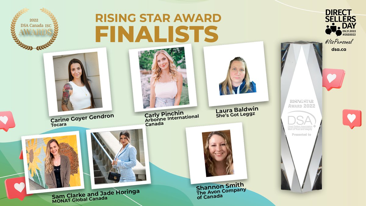 DSA Canada (@dsacanada) on Twitter photo Congratulations to our Rising Star Award finalists!
🌟 Carine Goyer Gendron, <a href="/TocaraSocial/">Tocara Jewelry</a>
🌟 Carly Pinchin, <a href="/ArbonneCanada/">Arbonne Canada</a>
🌟 Laura Baldwin, <a href="/ShesGotLeggzz/">She's Got Leggz</a>
🌟 Sam Clarke and Jade Horinga, <a href="/MONATOfficial/">MONAT</a>
🌟 Shannon Smith, @MyAvonCanada
Visit: bit.ly/3DrGWVW. Congratulations to our Rising Star Award finalists!
🌟 Carine Goyer Gendron, <a href="/TocaraSocial/">Tocara Jewelry</a>
🌟 Carly Pinchin, <a href="/ArbonneCanada/">Arbonne Canada</a>
🌟 Laura Baldwin, <a href="/ShesGotLeggzz/">She's Got Leggz</a>
🌟 Sam Clarke and Jade Horinga, <a href="/MONATOfficial/">MONAT</a>
🌟 Shannon Smith, @MyAvonCanada
Visit: bit.ly/3DrGWVW.