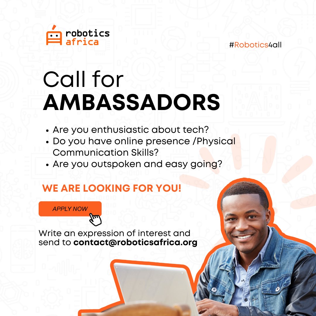 _Roboticsafrica's tweet photo. Yes YOU are the one we are looking for!

Join our Robotics Africa Ambassadors program and win amazing prizes ranging from merchandise to stipends!

Simply email us at contact@roboticsafrica.org and tell us a bit about yourself, and why we should choose you. 
.
Best of Luck! https://t.co/lnfKgzCXpD