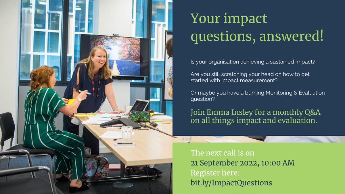 EmmaInsley's tweet photo. Just a quick one from me to say that I am running my FREE monthly Impact Q&amp;A call on Wednesday 21st Sept at 10am.

This time, I'm going to do a deep dive into one of the questions I am most frequently asked: how to get your team, CEO and board engaged in impact and evaluation, es https://t.co/MiedhHEWWw