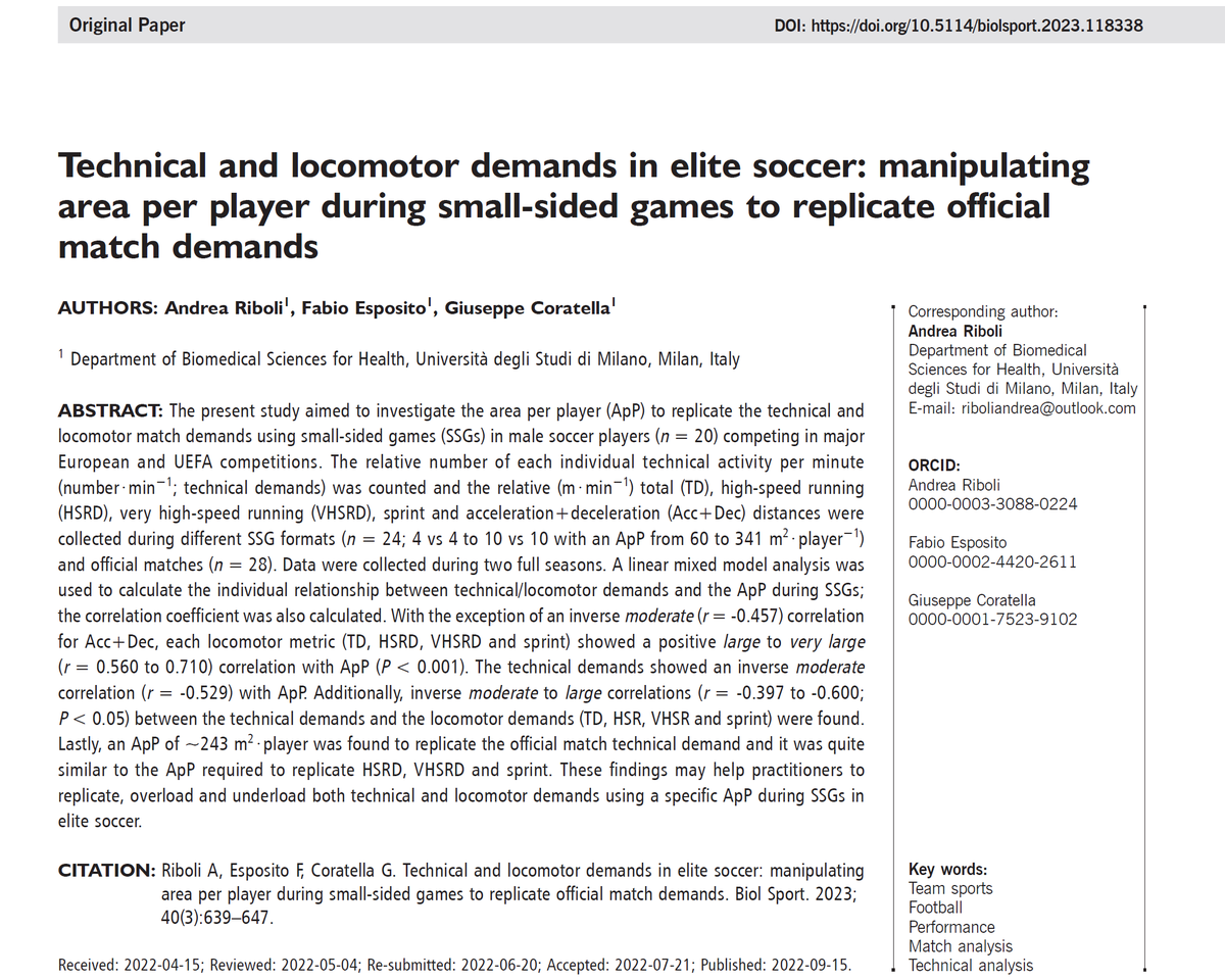 🆕This study aimed to investigate the area per player to replicate the technical and locomotor match demands using small-sided games in male #soccer players.
✍️<a href="/A_Riboli/">Andrea Riboli Ph.D.</a> Fabio Esposito <a href="/CoratellaPh/">Giuseppe Coratella Ph.D.</a> 🇮🇹
🔓#OpenAccess🔗bit.ly/3ROba9S

<a href="/LaStatale/">Università degli Studi di Milano</a> <a href="/SerieA/">Lega Serie A</a>