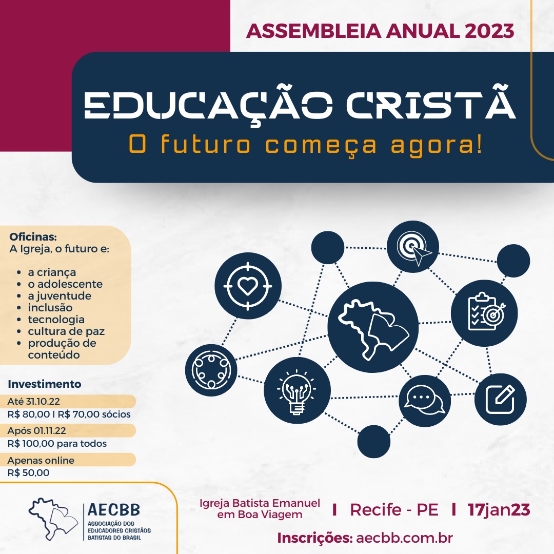 batistasdacbb's tweet photo. A Associação de Educadores Cristãos Batistas do Brasil (AECBB) também estará em Recife, na "Semana Batista", com a sua Assembleia anual, que vai tratar do tema "Educação cristã - O futuro começa agora".
Inscrições: https://t.co/gpGiIsuP51
#CBB #102Assembleia #AECBB https://t.co/Kx1mgRUThs
