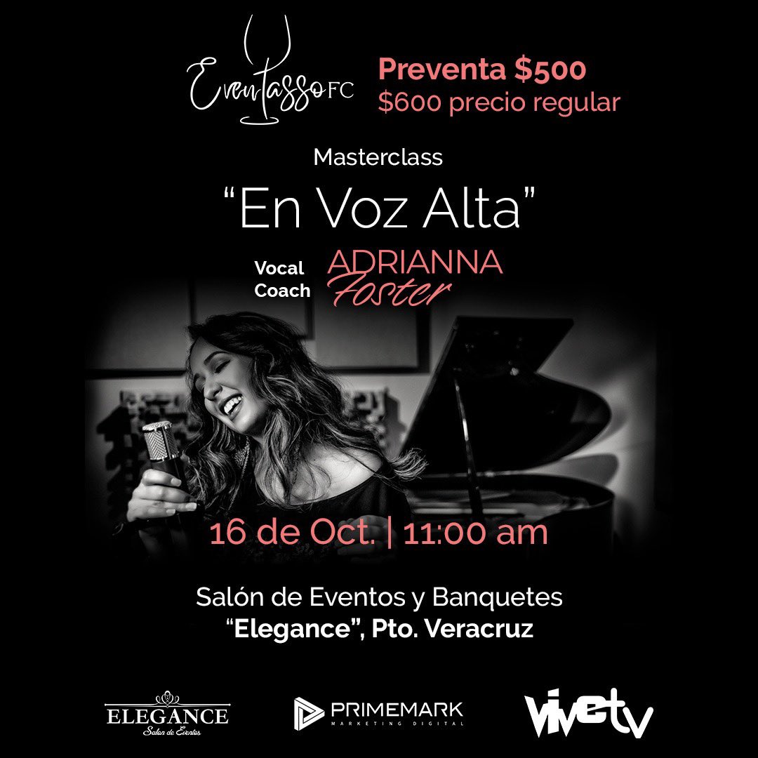 Amigooos de Veracruz… Si eres cantante, músico, actor nos vemos el próximo 16 de Octubre en la MasterClass “En Voz Alta”

Aparten su lugar en el siguiente link y aprovechen la
preventa que tenemos par ustedes hasta el 15 de Octubre 
➡️ bit.ly/EventassoMx ⬅️

¡Ahí nos vemos!