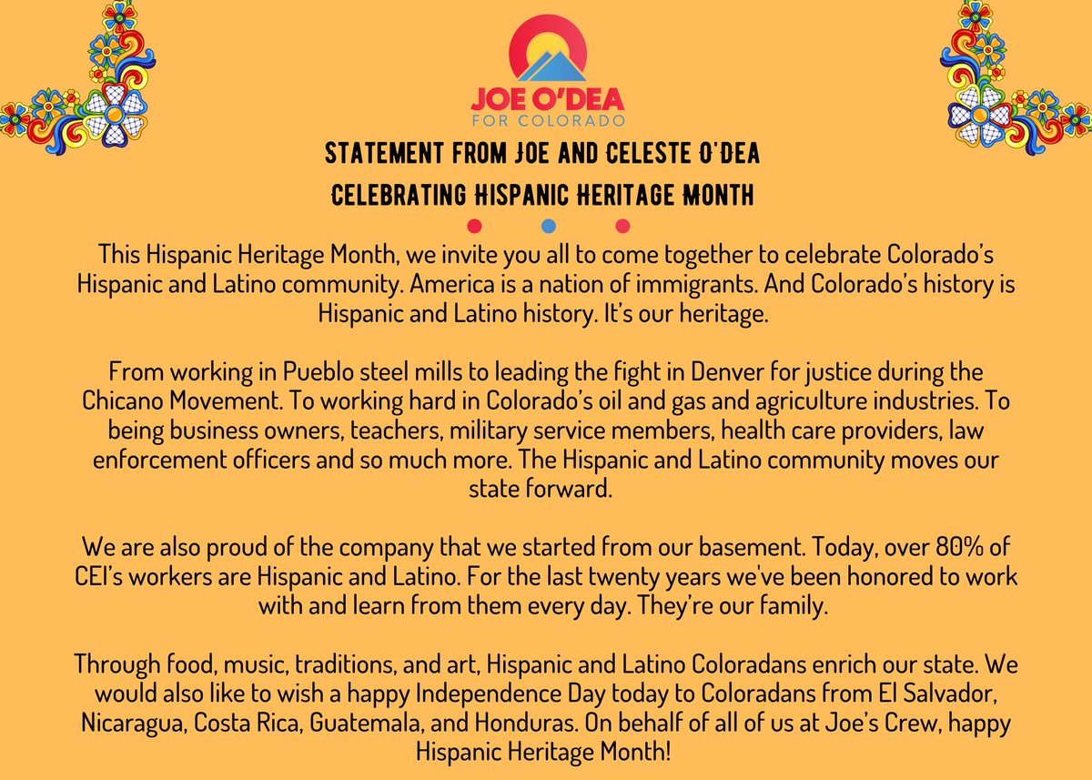 ODeaForColorado's tweet photo. Happy Hispanic Heritage Month, Colorado! #HispanicHeritageMonth https://t.co/j4KBVfii8F