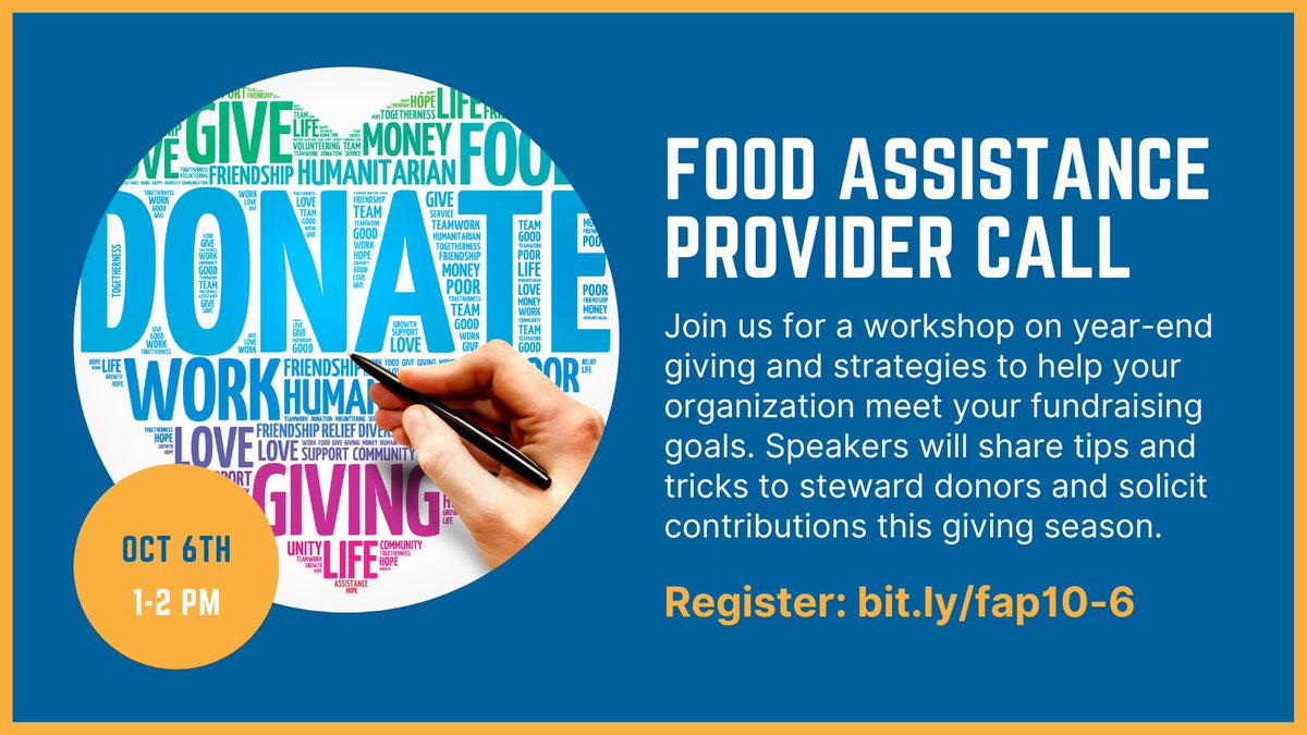 pgcfec's tweet image. Join us for our October Food Assistance Provider Call on Thursday, October 6, 2022 for a workshop on year-end giving and strategies to help meet your organizations fundraising goals! 💸

Register: bit.ly/fap10-6

#food #foodassistanceprovider #pgcfec #donate  #giving