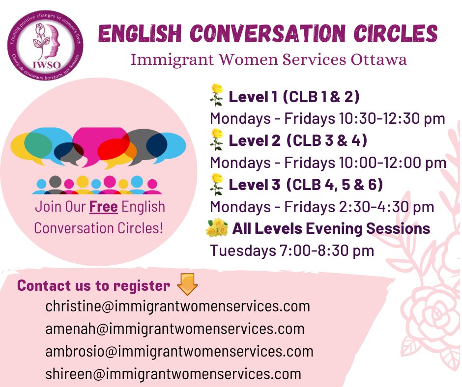 ImmigrantWomen's tweet photo. Practice English in a safe and encouraging environment.
#ViolenceAgainstWomen #immigrationsservices #feminism #domesticviolence #YouAreNotAlone #UnsafeatHomeOttawa #WeAreHereForYou #ottnews #ottcity https://t.co/VTkmaux4EK