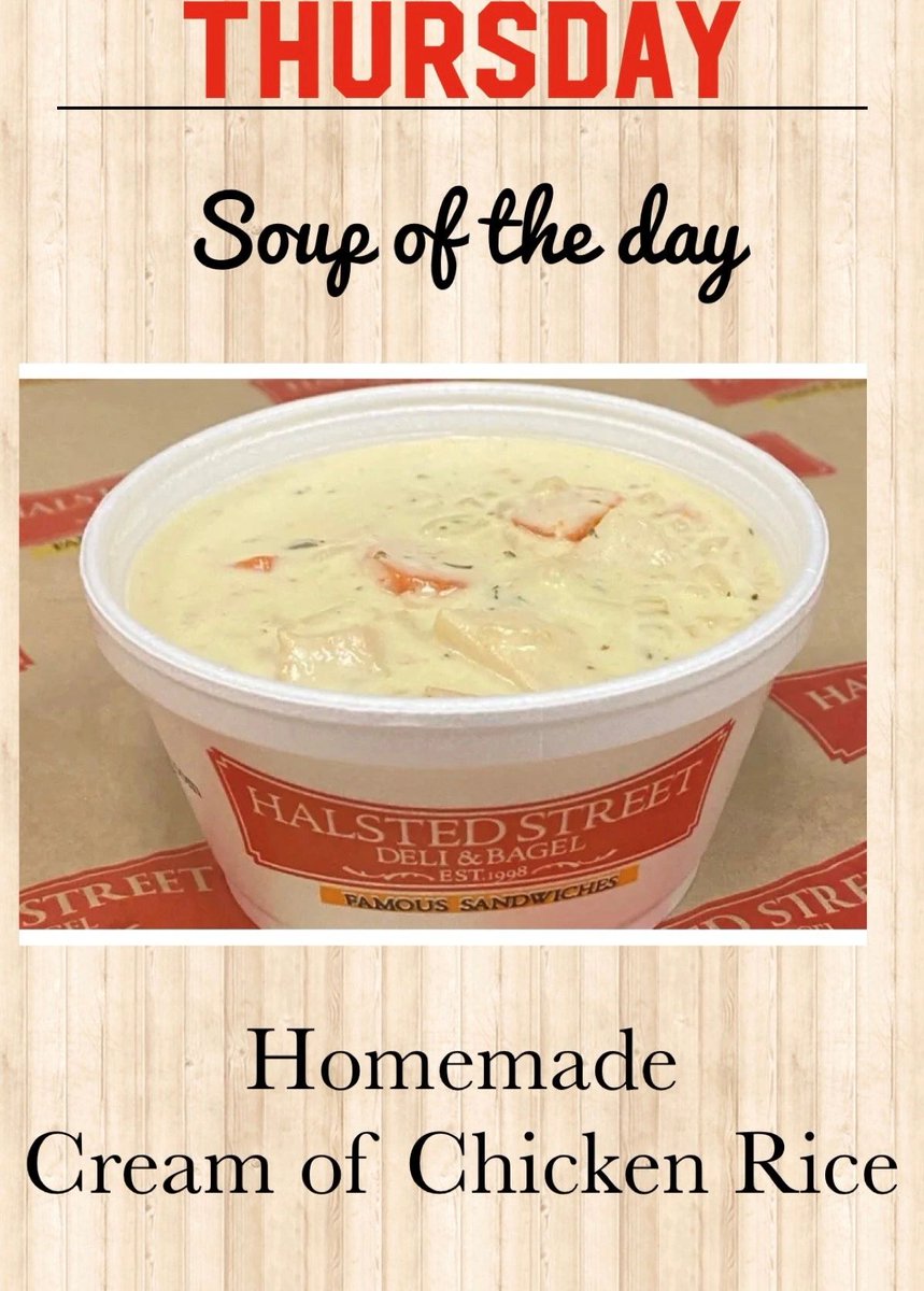 halsted311's tweet photo. Don't miss out on this delicious Cream of Chicken Rice.  It is  prepared with fresh boneless breast of chicken, diced Vidalia onion, celery, carrots and Mary's special seasonings with both long grain and wild rice. #Halsted311 #Chicago #TheLoop  #deli #fresh #catering #soup https://t.co/YDKGZTsu9F