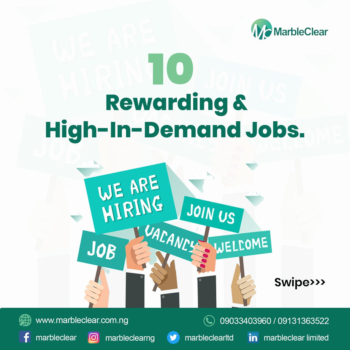 Marbleclearng's tweet photo. Here are 10 rewarding and high-in-demand jobs.
From your angle, what are the other rewarding and high-in-demand jobs/skills, let us share them in the comment section.
#rewardingcareers #highindemandjobskills #rewardingjobs
#recruitmentlagos #jobrecruitmentnigeria #jobvacancy https://t.co/qKMrDlVmIp