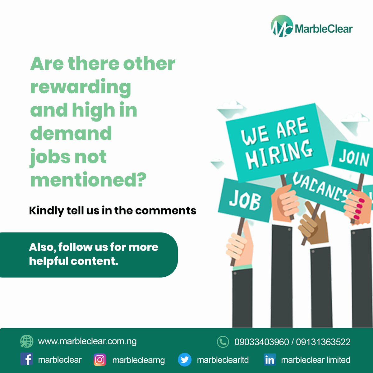 Marbleclearng's tweet photo. Here are 10 rewarding and high-in-demand jobs.
From your angle, what are the other rewarding and high-in-demand jobs/skills, let us share them in the comment section.
#rewardingcareers #highindemandjobskills #rewardingjobs
#recruitmentlagos #jobrecruitmentnigeria #jobvacancy https://t.co/qKMrDlVmIp