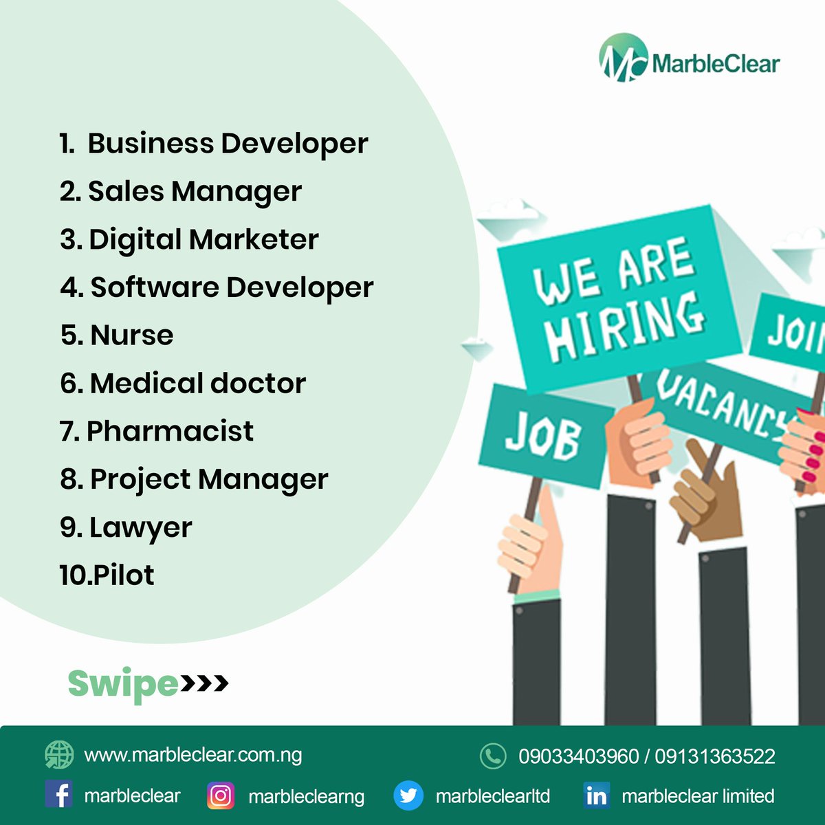 Marbleclearng's tweet photo. Here are 10 rewarding and high-in-demand jobs.
From your angle, what are the other rewarding and high-in-demand jobs/skills, let us share them in the comment section.
#rewardingcareers #highindemandjobskills #rewardingjobs
#recruitmentlagos #jobrecruitmentnigeria #jobvacancy https://t.co/qKMrDlVmIp