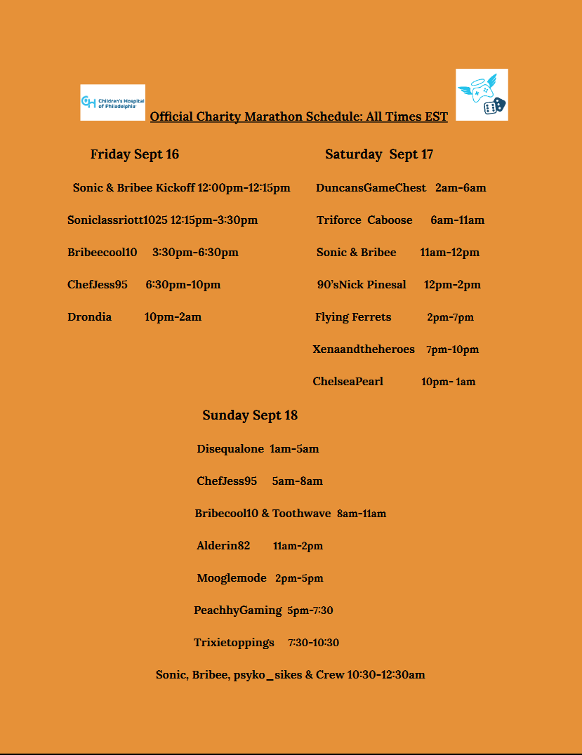 SonicLassRiott's tweet photo. Here is the OFFICIAL SCHEDULE for our @ExtraLife4Kids weekend marathon.Thank you to all the runners and everyone who is making all of this possible.

Be sure to check out all these amazing streamers as on their amazing twitch pages at these times raising money for @ChildrensPhila https://t.co/t3oJetgoNQ