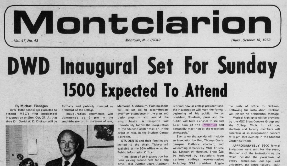 montclair_lib's tweet photo. DYK that you can find out how past presidents wer inaugurated at @montclairstateu? Check out @TheMontclarion in the #SpragueLibraryArchives! https://t.co/zkWSAEFGAh