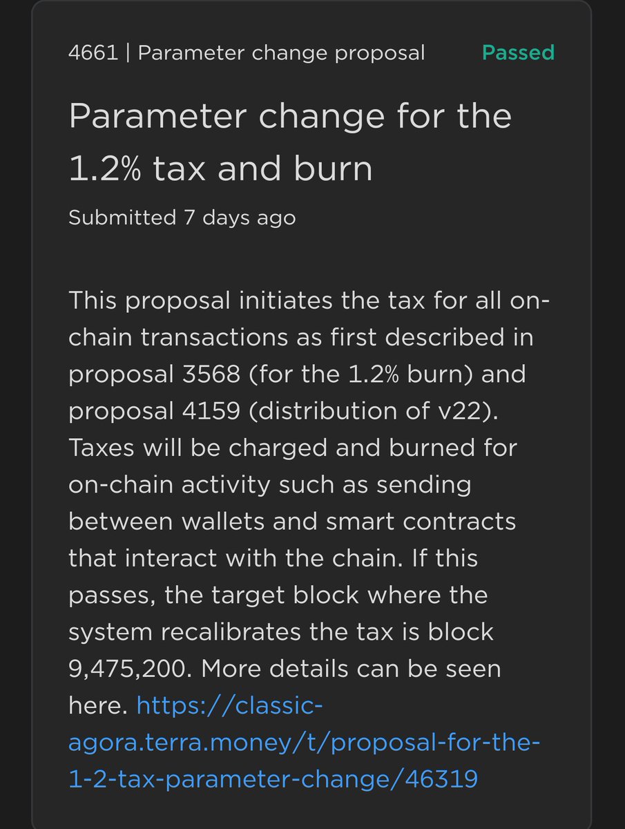 SaqlainAli888's tweet photo. Proposal #4661 has passed and Burn tax will be implemented automatically when block height reach. Biggest news Follow and Retweet if you want 95% supply to get burn. #LUNC #LUNCARMY #LUNACLASSSIC #LunaClassicCommunity #LUNCcommunity #LUNA #BTC #BNB #EthereumMerge #Ethereum #ETH https://t.co/RNWJTdsAAw