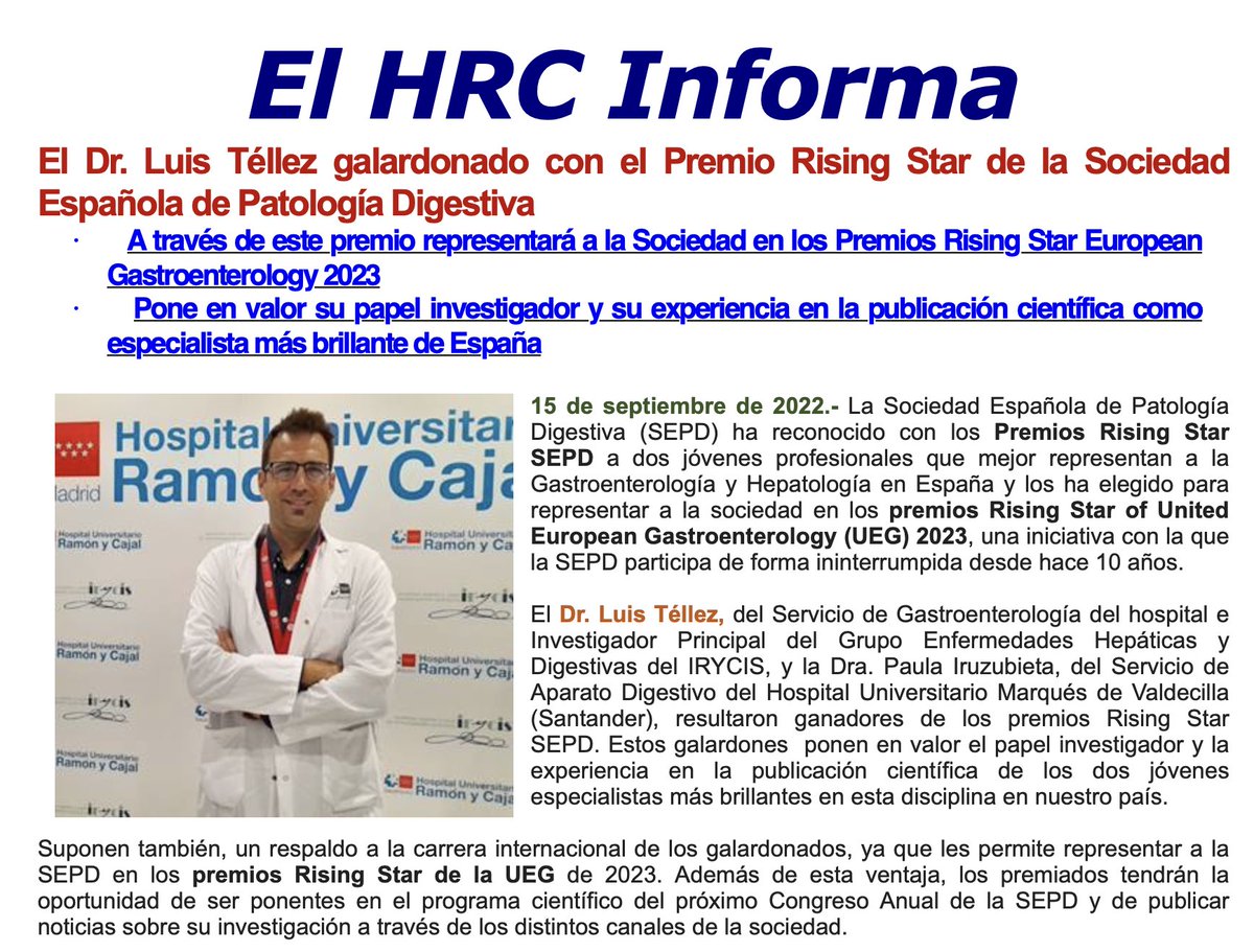 Hoy día de éxitos en <a href="/DigestivoHRyC/">Digestivo Hospital Universitario Ramón y Cajal</a> 

Enhorabuena <a href="/luistevilla/">Luis Téllez</a> !!!

Premio #RisingStar de <a href="/sepdigestiva/">Sociedad Española de Patología Digestiva (SEPD)</a> 

Te lo mereces, crack!!!