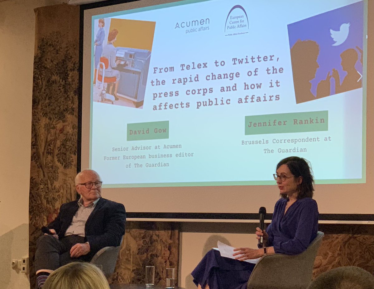 NoelClehane's tweet photo. Great @theECPA @AcumenPA event on the impact of the change in the Brussels Press Corps and how it has affected EU #publicaffairs 

Two Guardian stalwarts, David Gow (from an earlier era) and Jennifer Rankin (more current), contrasted the impact, speed and style of the reporting https://t.co/Up0oUgELXq