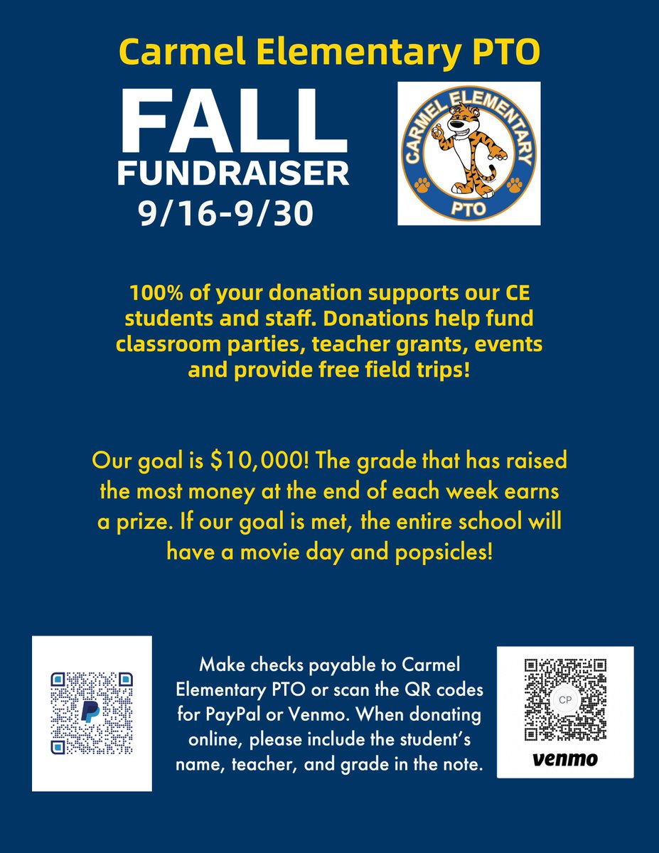 CarmelElemPTO's tweet photo. Our fall fundraiser starts tomorrow, and our goal is $10,000! We know we’re better together as we support our CE students and staff. To celebrate our amazing school family, students can wear spirit wear tomorrow! https://t.co/V6d3y8aoja