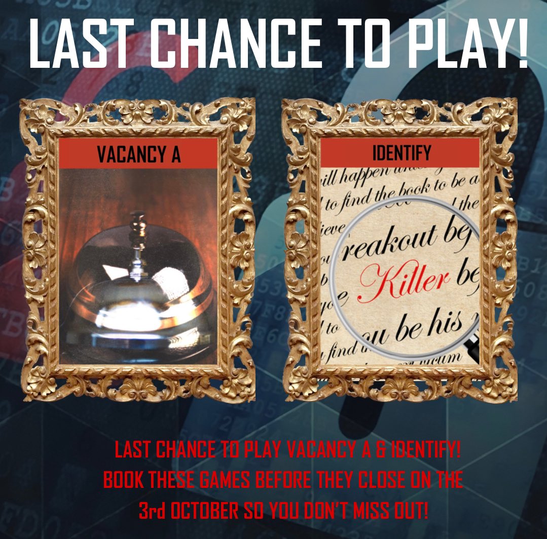breakoutmcr's tweet photo. Last chance to play!
Vacancy A & Identity from our High Street site will be closing on the 3rd of October so be sure to get booked in for your last chance to play!
Also, be sure to keep up to date with our socials for a special announcement coming soon!
#breakoutmanchester https://t.co/HCo0pVsbmz