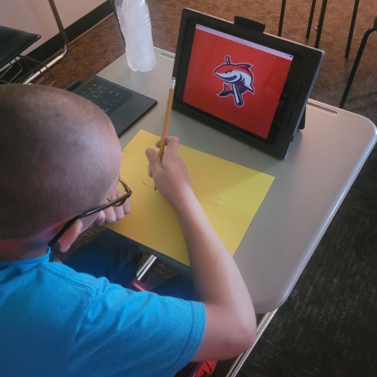 MrsSalleeJBS's tweet photo. These #MascotPosters to teach #Intonation were so fun. When I asked why this one used the #SharkMascot, he said- "Because they are always moving forward." #CreativeMatters @Mrs_Blasdel https://t.co/LrX9M1lVnj