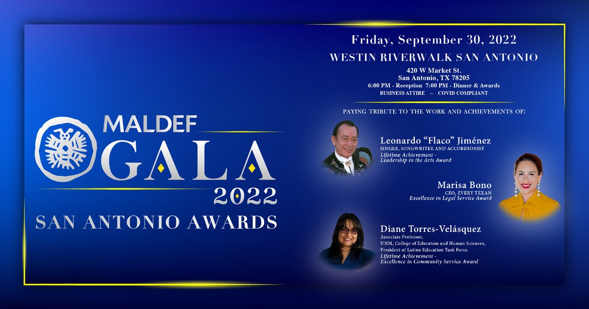 Join us in San Antonio on 9/30/22 as we honor <a href="/MarisaBono/">Marisa Bono</a> of <a href="/EveryTxn/">Every Texan</a>, <a href="/DianeTorresV/">Diane Torres-Velasquez</a> of <a href="/UNM/">Univ. of New Mexico</a>, and the legendary musician Leonardo “Flaco” Jiménez at our 2022 Awards Gala. Get your tickets here: maldef.org/u98b