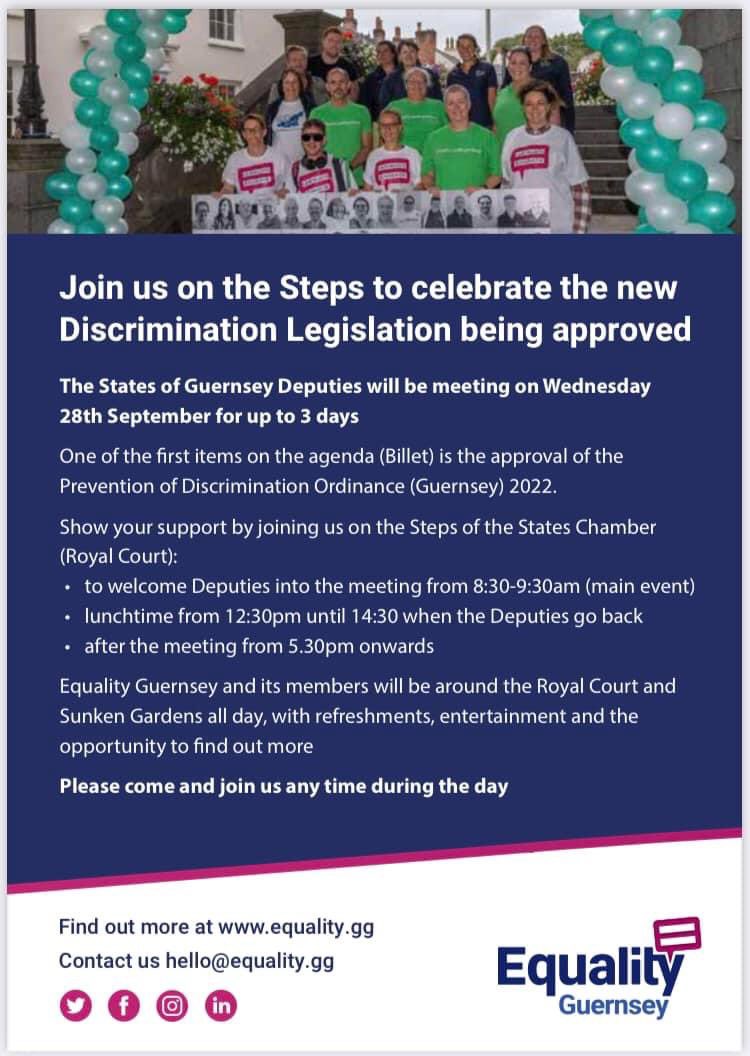Passionate about #Equality and #Inclusion ? Join us on the steps of the States as we celebrate the passing on the new Prevention of Discrimination Legislation #Guernsey