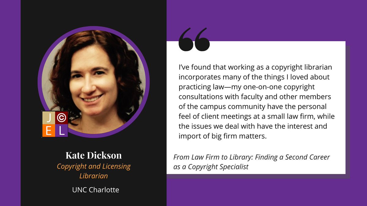 jcelpub's tweet image. In the second article, Kate Dickson of University of North Carolina at Charlotte discusses the move from law firms to libraries!

Read more: doi.org/10.17161/jcel.…

#copyright #libraries #lawfirms