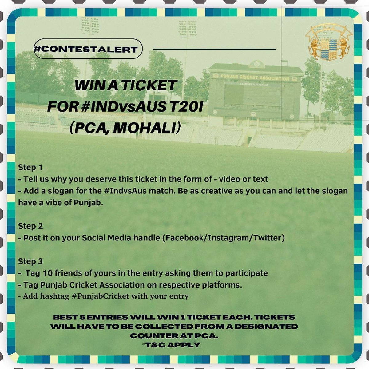 pcacricket's tweet photo. Cricket is in you calling you to watch &amp; experience the game with fellow fans. This is your chance to win a ticket for #IndvsAus first T20I at PCA, Mohali.
All you have to do- 

#contestalert #giveawayalert #fans #TeamIndia #Indiafans #Punjabfans #cricketfans @gulzarchahal #India https://t.co/VykmNjNkdV