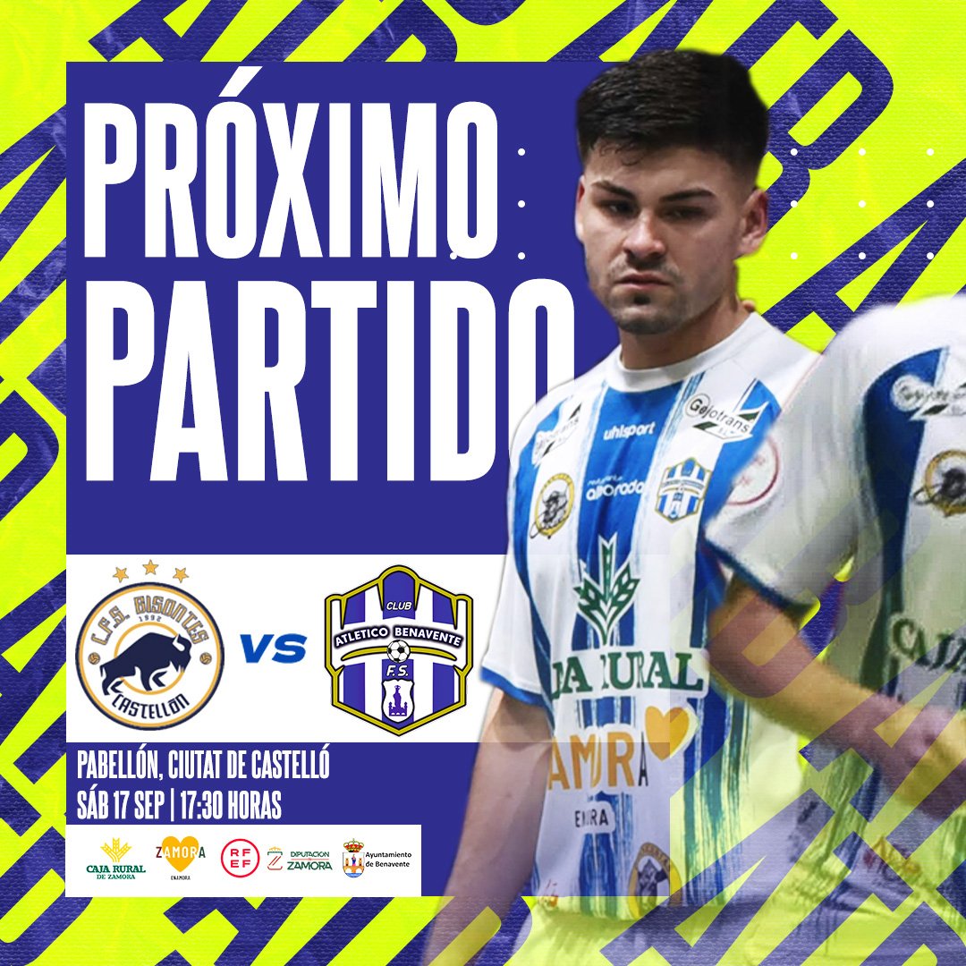 AtlBenavente's tweet photo. *PRÓXIMO PARTIDO* // _JORNADA 1_

⚔️ @BisontesFS
🗓️ Sáb 17 SEP
🕠 17:30 
🏟️ Pab. Ciutat de Castelló
📺 @rfef @FutSalRFEF

🔵Comienza el espectáculo de la Segunda División Nacional de fútbol sala, nuevas ilusiones y nuevos retos por delante.

#BenaventeNuncaSeRinde
#SomosFutsal https://t.co/kVBil090BD