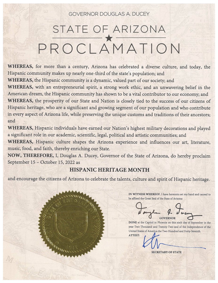 9thFloorAZ's tweet photo. Gov. @DougDucey proclaimed September 15 through October 15, 2022 as #HispanicHeritageMonth in Arizona to celebrate a diverse culture and recognize the many ways Arizonans of Hispanic descent help our state thrive. https://t.co/CJ3KI258tP