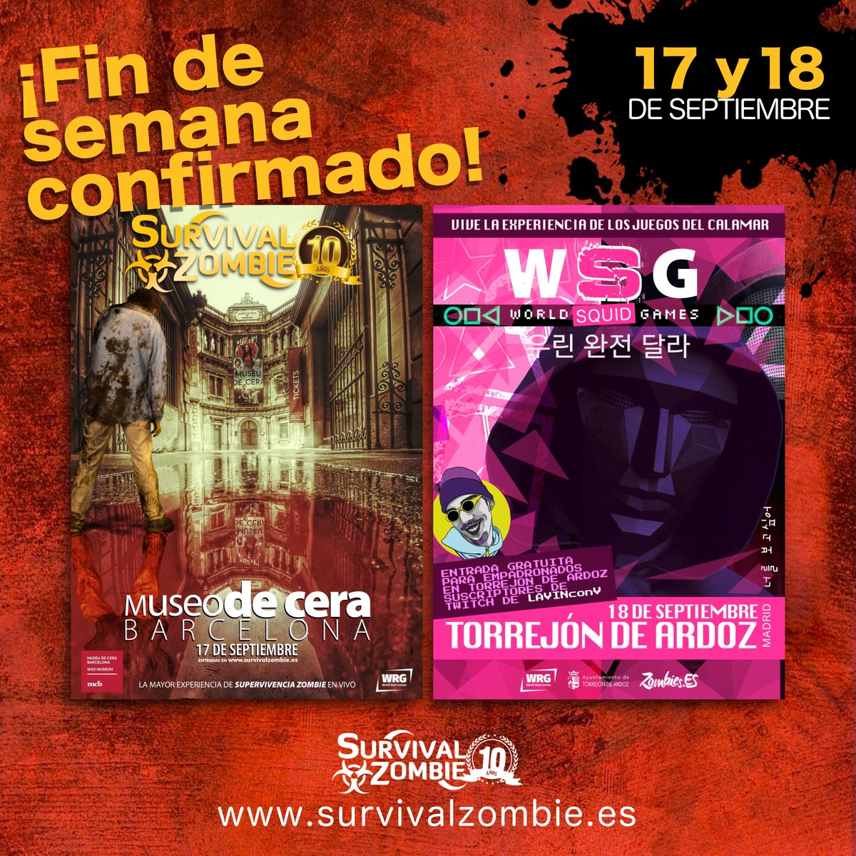 ¡Se confirma el fin de semana! :D 17 y 18 de septiembre. El sábado tienes una edición Survival Zombie en el Museo de Cera de Barcelona y el domingo un Juegos del Calamar en Torrejón de Ardoz, 
#survivalzombie #zombies #barcelona #Madrid #TORREJÓNDEARDOZ #SquidGameTheChallenge